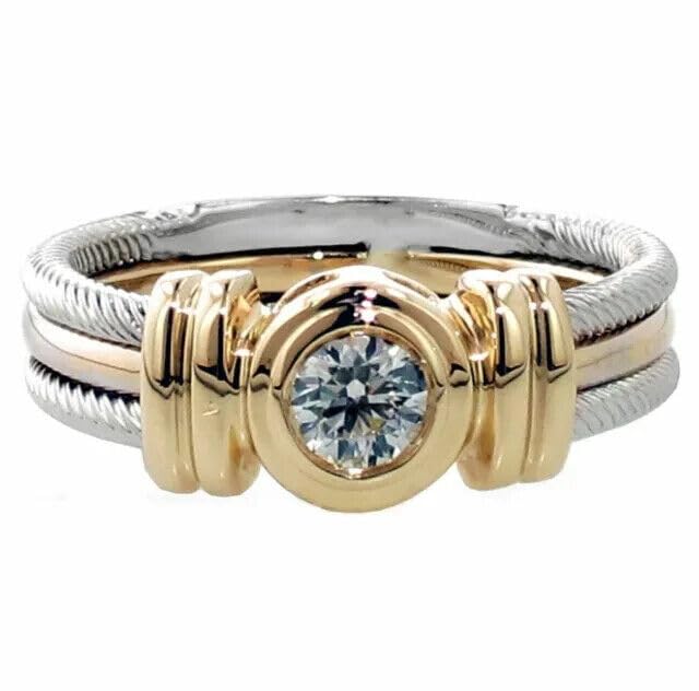 1 CT Round Cut Simulated White Diamond Bezel Set Two Tone Wedding Engagement Ring In 14K Yellow Gold Plated 925 Sterling Silver Gift for Womens