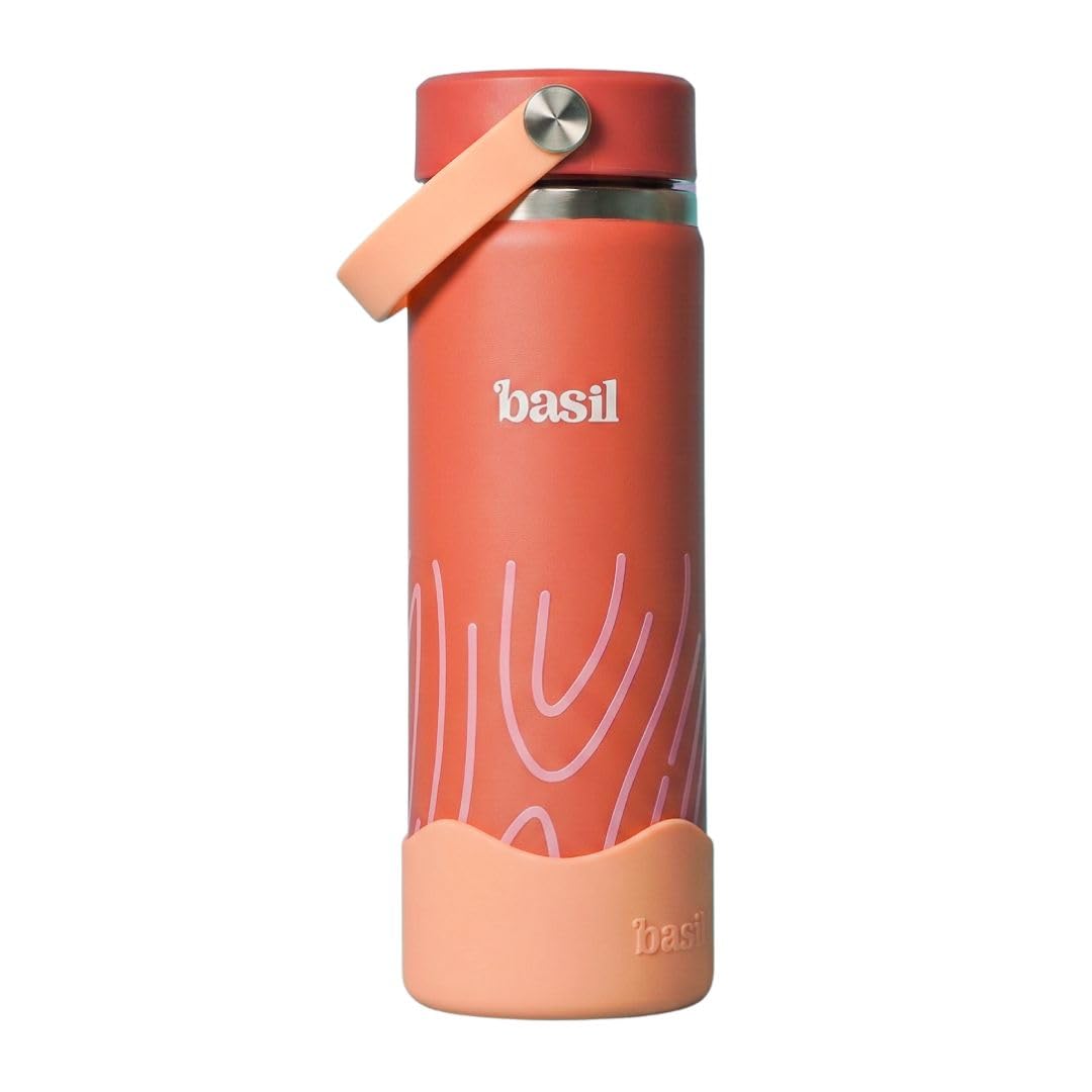 Basil HydraRush Stainless Steel Insulated Kids Water Bottle for School, 600ml Leakproof Bottle with Carry Handle, Double Wall Vacuum Thermosteel Bottle for School, Travel & Outdoor | Coral Swirl