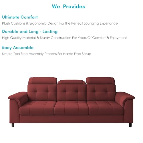 Image of Casaliving Ella 3 Seater Sofa Set for Living Room (Maroon Colour Fabric) Premium Fabric Sofa