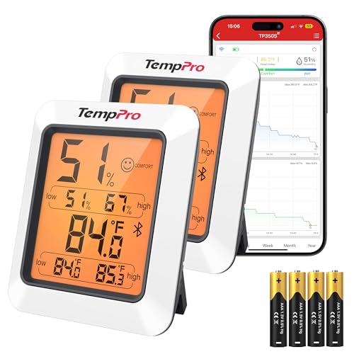 Image of TempPro TempAir Bluetooth Hygrometer Thermometer for Greenhouse Up to 260ft | Room Indoor Thermometer Humidity Monitor, Humidity Meter Temperature Sensor with 2-Year Data Export&Large Backlit Screen, 2PC