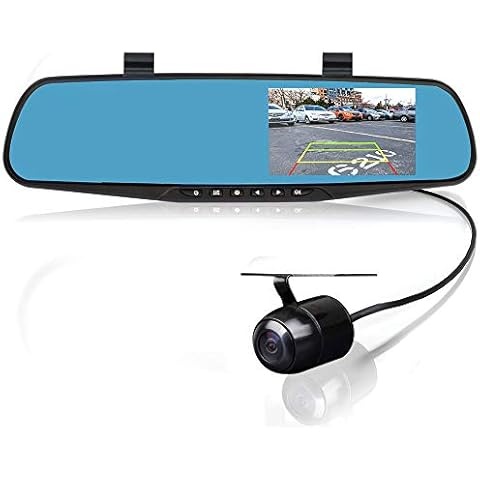 LEXXSON 4.3'' Dual Lens Video Recorder Mirror Dash Cam Rearview Car HD Camera Waterproof DVR Rear View Camera G-Sensor Cover