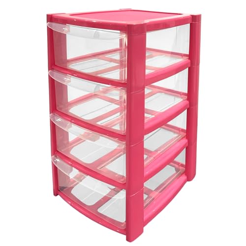 Mini 4 Drawer Plastic Storage Tower - Compact Desktop Organiser with Clear Drawers for Makeup, Toiletries, Stationery - Lightweight & Durable Storage Tower - Pink, Blue or Black, 40x26x19cm (Pink)