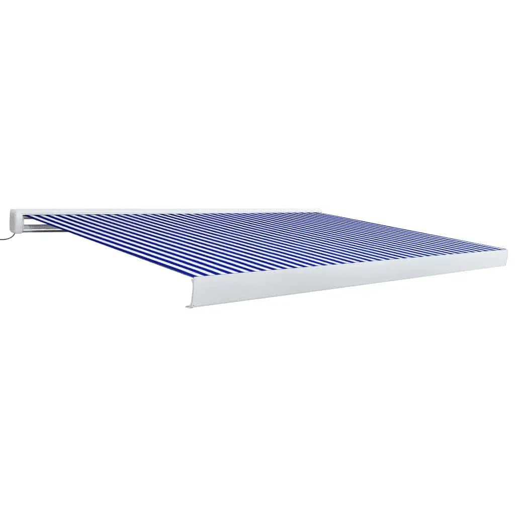 Zmotoryzowana kaseta ning 450 x 300 cm niebiesko-biała chowana na zewnątrz e z aluminiową i poliestrową tkaniną łatwy montaż ścienny instalacja w ochronie przed promieniowaniem UV
