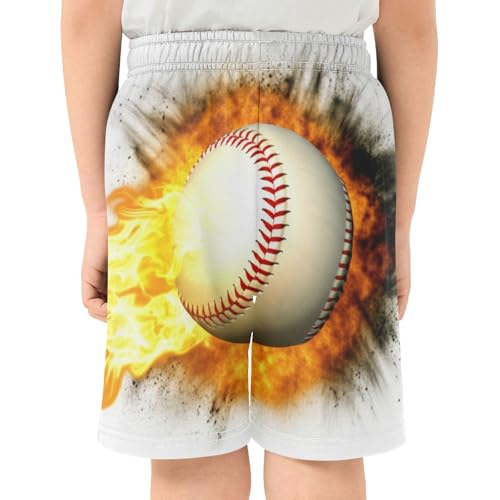 CHIFIGNO Baseball Fire Pull-On Boys Baseball Shorts Elastic Waist Children Boys Outdoor Shorts with Pockets XS3