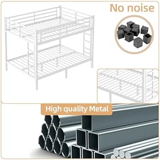 Queen Over Queen Bunk Bed Frame, Heavy Duty Metal Loft Bed for Adults/Teens, 400/600LB Capacity w/Ladder & Guardrail, Noise-Free Steel Slats, No Box Spring Required, White