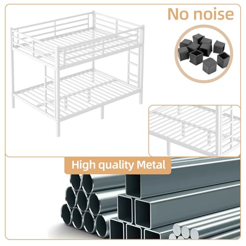 XUWANSHANG Queen Over Queen Bunk Bed Frame, Heavy Duty Metal Loft Bed for Adults/Teens, 400/600LB Capacity w/Ladder & Guardrail, Noise-Free Steel Slats, No Box Spring Required, White