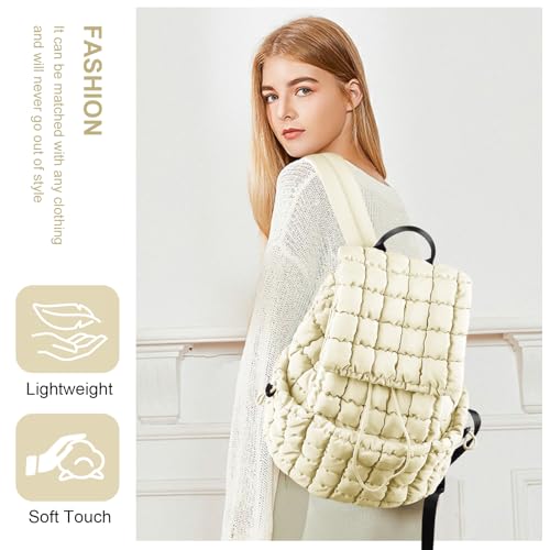 Image of izuzta Quilted Puffer Backpack for Women, Lightweight Soft Nylon Quilted Hiker Pack, Trendy Puffy Padding Gym Backpack, Travel Bag for Casual Daypack Hiking Sport (Beige)