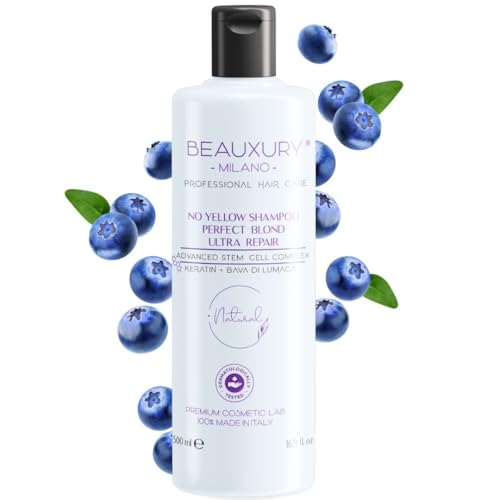 Beauxury Milano Shampoo Antigiallo Ricostruzione da 500 ML alla Bava di Lumaca per Capelli Biondi Danneggiati - No Yellow ad Azione Riparatrice per Danni da Decolorazione