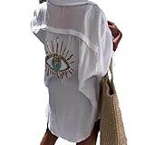 Melliflo Long Sleeve Button Down Summer Shirt Blouse Oversized Sequin Evil Eye Shirts Dress Women 2025 Summer Beach Cover Ups White