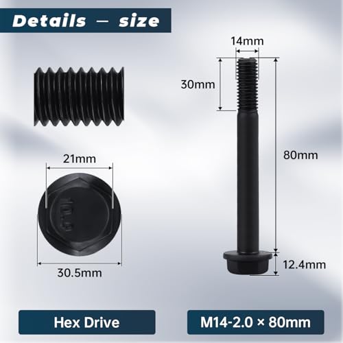 Image of M14-2.0 x 80mm Flange Bolt, Hex Head Flanged Bolt 10.9 Grade High Strength- Black Oxide Finish, Partial Thread, Metric- Heavy Duty for Automotive, Machinery & Construction (4 Pcs) 4 pcs