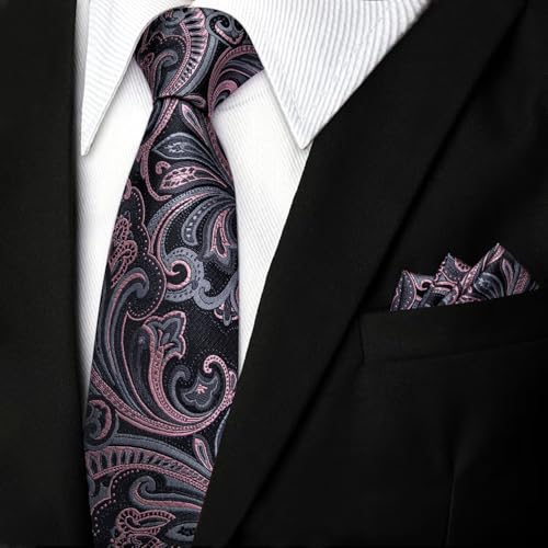 Image of DiBanGu Silk Floral Ties for Men Woven Paisley Necktie and Tie Clip Handkerchief Cufflinks Set for Party Wedding