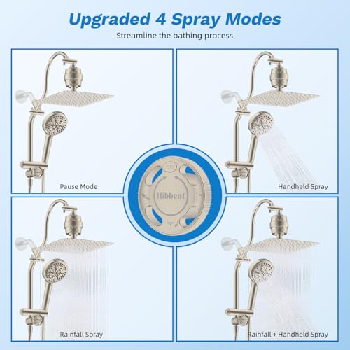 Image of Hibbent 10 inch Dual Filtered 10 inch Rainfall Shower Head with Handheld 10-Spray | High Pressure Metal Brushed Nickel Showerhead Combo with Filter, Extension Arm with 4-way Diverter, 71'' Hose & Holder