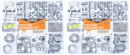 Image of KURUI 303Pcs Picture Hanging Kit, Picture Hangers Assorted Kit with Heavy Duty Wall Hooks, Sawtooth, Picture Wire, D Rings, Hardware Nails, Eye Hooks, Silver Heavy Duty Frame Hooks (Pack of 2)