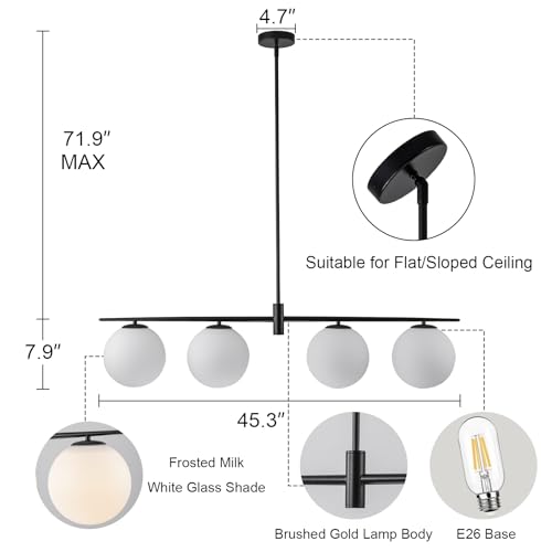 Image of Black 45.3 inch Linear Chandeliers for Dining Room 4-Lights Milk Glass Globe Large Modern Linear Chandelier for Kitchen Island Living Room, Mid Century Chandelier Light Fixture Over Table