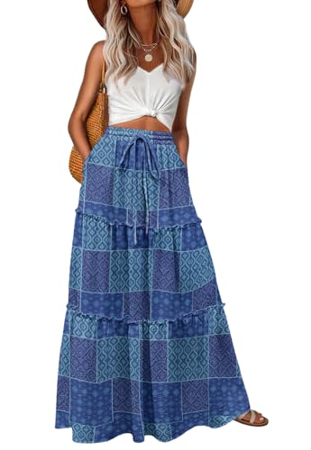 Image of Lepunuo Womens Casual Boho High Waisted Flowy Maxi Skirts Tiered Floral Long Skirts with Pockets for Summer Beach Vacation