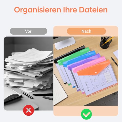 HAMOHTE Dokumententasche A4 Abheftbar, 12 Stück Dokumentenmappe A4 zum Abheften, 11 Lochung Kunststoff Mappen, Transparent Dokumententaschen Dokumenten Mappe mit Druckknopf und Etikettentasche