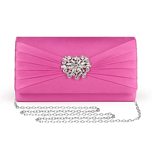 Image of Evening Bags For Women Pleated Satin Rhinestone Brooch Prom Clutch Purse With Detachable Chain Strap