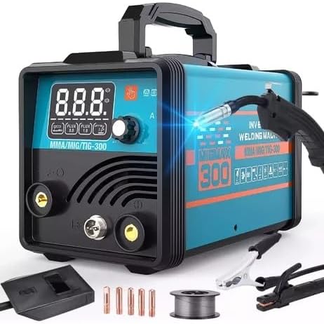 EEGVUY 300a Inverter Welder with accessories including MIG torch, ground clamp, and electrode holder.