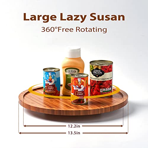 Lazy Susan Turntable Wood 13.5”, With Metal Bearing System & Anti-Slip Silicone Pad, Large Cake Stand, Rotating Spice Rack Cabinet Under Sink Organizer For Pantry Kitchen Bathroom Storage #TOP5