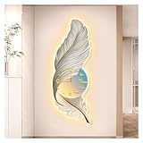 Plumas Grandes Decoradas En Paredes Colgantes, Arte Mural Con Luces LED Y Relojes, Decoración Elegante De La Sala De Esculturas De Paredes De Plumas Para La Entrada De La Oficina(A,58x160cm)
