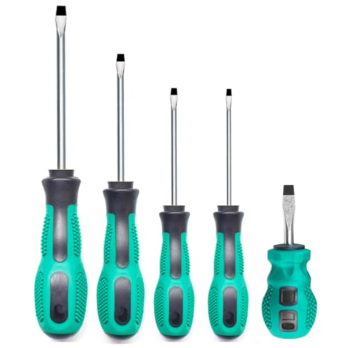 Professional 5-Piece Flat Slotted Head Screwdriver Set, Ergonomic Grip Handle, 15/64", 13/64", 5/32", 1/8" Sizes