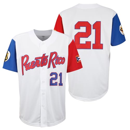 Men's Puerto Rico 21 Retro Baseball Jersey Classic White Short Sleeve Jersey Stitched (M, White)