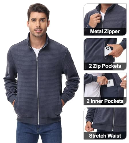 Satankud Men's Jacquard Waffle PlaidCloth Bright Metal Zipper Lightweight Jacket GreyBlue 2X-Large — view 4