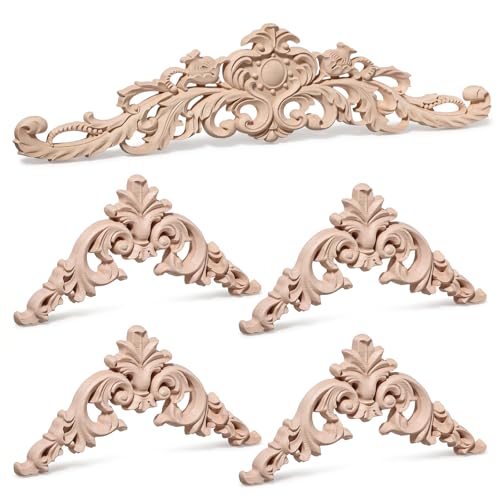 5 Pcs Wood Appliques and Onlays Wooden Appliques Wooden Applique for Furniture Decorative Wood Applique DIY Carved Onlay for Bed Door Cabinet Wardrobe Furniture Decoration (Small Size)