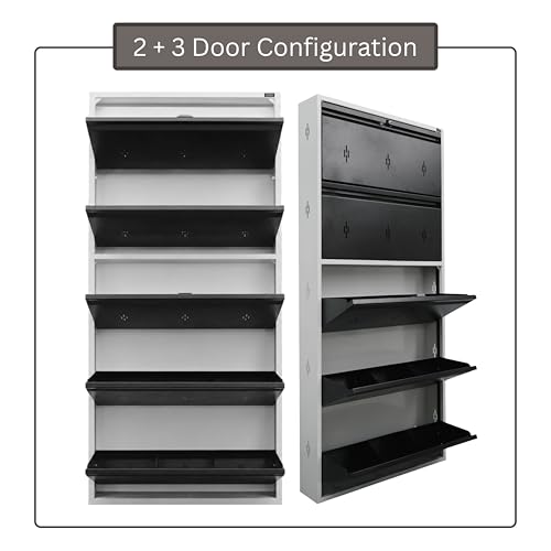 Image of 5 Door Metal Shoe Rack with Door Wall Mounted | Fits Size 12 Shoes | Steel Shoe Cabinet 30 Inch Wide 15 Pairs Capacity | CRC Heavy Duty Powder Coated | Dual Lock System (Dark Brown, 5 Door)