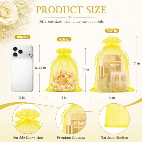 Image of FUNFERY 100PCS Lemon Yellow Organza Gift Bags 5x7in,Drawstring Pouch