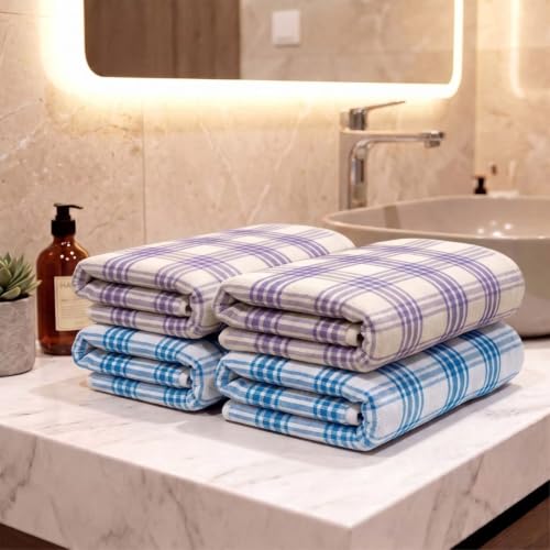 Image of Athom Living Premium Hand Towels- Cotton, 400 GSM, Ultra Soft, Quick Dry, Highly Absorbent | for Hand, Kitchen and Gym | 60 * 40 cm, Pack of 4 (Lavender & Blue Strips)
