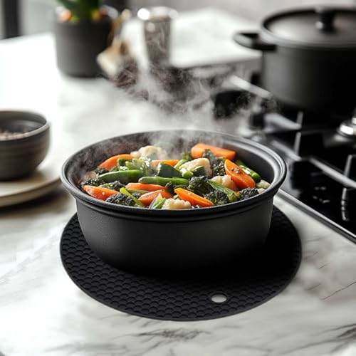 Image of Silicone Trivet Mats,Heat Resistant Pot Holders, Multipurpose Non-Slip Hot Pads for Kitchen Potholders, Hot Dishers, Jar Opener, Spoon Holder, Food Grade Silicone(Black Size Round 7''x7'')
