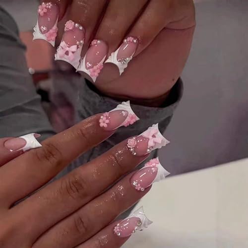Image of 3D Bow Flower Press on Nails White french tip Fake Nails with Rhinestone Accents Reusable Glossy Full Cover Duck Stick on Nail for Women Luxury Manicure 24Pcs