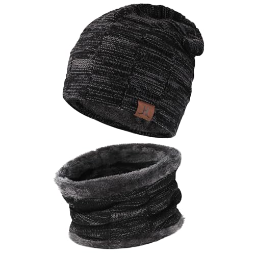 Herren Winter Warm Beanie Mütze und Loop Schal Set mit Fleece Gefütterte Thermo Wintermütze Strickmütze Mützen Schlauchschal Schals Geschenk Männer, Einheitsgröße, A Schwarz