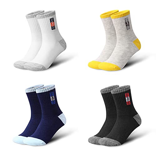 Suitboy Boys Bamboo Socks Kids Cushioned Athletic Crew Socks Boy Sports Socks Seamless School Socks 4 Pairs (9-12 Years) #TOP3