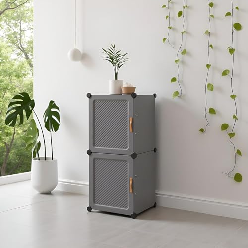 Image of Modular Shoe Rack Organizer with Drawer Storage, Multi-Layer Foldable Shoe Cabinet with Dustproof Doors for Home Entryway Bedroom (Grey, 2-Door)