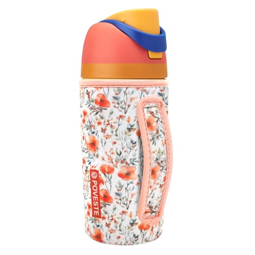 Image of Water Bottle Sleeve with Handle for Owala Kids FreeSip 16 oz, Water Bottle Scratch Resistant Sleeve, Neoprene Cover Compatible with Owala 16 oz for Boys Girls to School Travel (Flower Power)