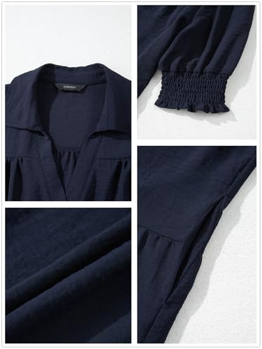 Dokotoo Casual Dresses for Women Lapel Collared V Neck Mid Sleeved Pleated Summer Dresses for Women 2025 Midi Dresses4