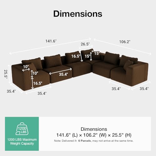 Image of Novilla 141 inch Modular Sectional Sofa, L Shape Plush Sectional Couch, Modern Cloud Design with SmartS Coil Support, Boneless Sectional Couch for Large Living Room Apartment, No Assembly Required, Brown