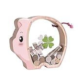 Wooden Pink Pig Piggy Banks for Kids, Unbreakable Coin Bank for Kids with Letter Sticker, Wooden Cashbox Money Jar Personalizable Birthday Gift, Educatinal Toy for Boys, Girls