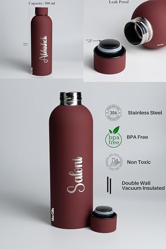 Image of AICA Personalized Name Stainless Steel Water Bottle -500ml (Wine)-12Hrs Hot & 18Hrs Cold |Customised Gift For Man Woman Girl Boy