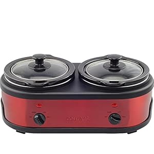 Courant 3.2-Quart Double Slow Cooker (1.6-Qt each) w/Warm Settings, Stainproof Stoneware Pots and Glass Lids – Red Stainless Steel