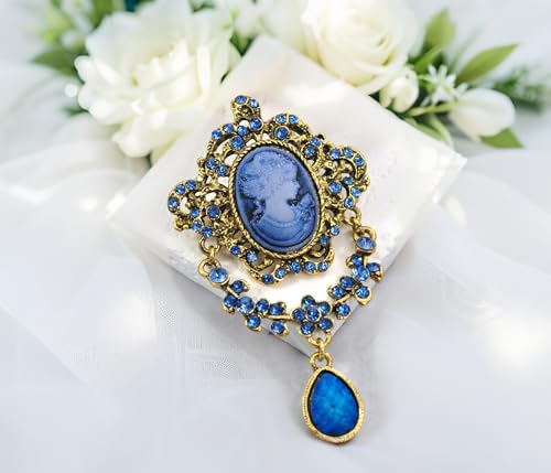 Image of Gyn&Joy Antique Blue Rhinestones Cameo Brooch Pin