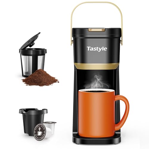 Single-Serve-One-Cup-Coffee-Maker-for-K-Cups-and-Grounds-Mini-Coffee-Maker-with-Portable-Handle-6-to-12-Oz-Brew-Size-for-Travel-Camping-Office-RV-and-Dorm-Black-and-Gold Single Serve One Cup Coffee Maker for K Cups and Grounds Mini Coffee Maker with Portable Handle 6 to 12 Oz Brew Size for Travel Camping Office RV and Dorm Black and Gold