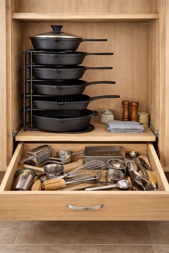 Image of Pan Organizer, Extra Large 5 Tier Shelf - Holds Cast Iron Skillets, Dutch Oven, Griddles Durable Space Saving Kitchen Storage No Assembly Required Black 15.4 Inch, Countertop, Tiered