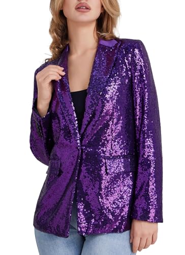 Kelyaa Womens Sequin Suit Jacket Open Front One Button Long Sleeve Blazers Party Sparkly Cardigan Coat with Pockets Purple