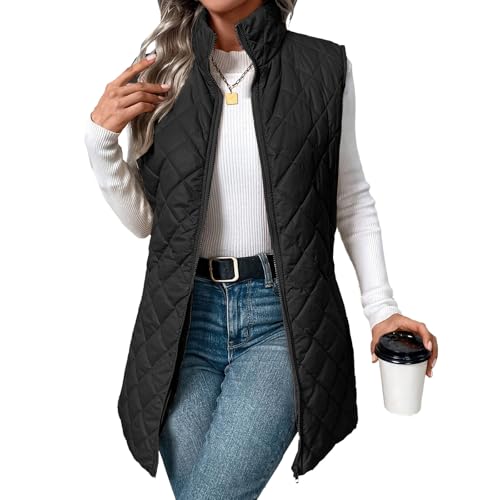 Quilted Vest For Women Mid Long Lightweight Sleeveless Padded Gilet Jacket Warm Coat 2025 Casual Outerwear With Pockets