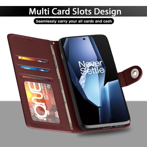 Image of Pikkme Flip Cover Leather Finish | Inside TPU with Card Pockets | Wallet Stand and Shock Proof | Complete Protection Button Flip Case for OnePlus 13R 5G(Brown)