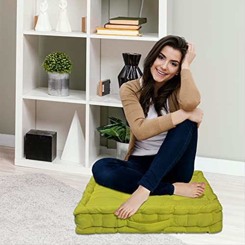 Image of HOME COLORS.IN Cotton Floor Cushion Square Chair Pad Seat Cushion for Living Room, Bedroom, Balcony Seating, Car Seat, Office Chair, Sofa & Meditation - 50x50x10 cm - Lime Green