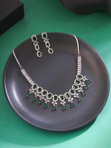 Image of Yellow Chimes Jewellery Set for Women and Girls American Diamond Jewellery Set | Rosegold Rhodium Plated AD Necklace Set for Women | Birthday Gift for Girls & Women